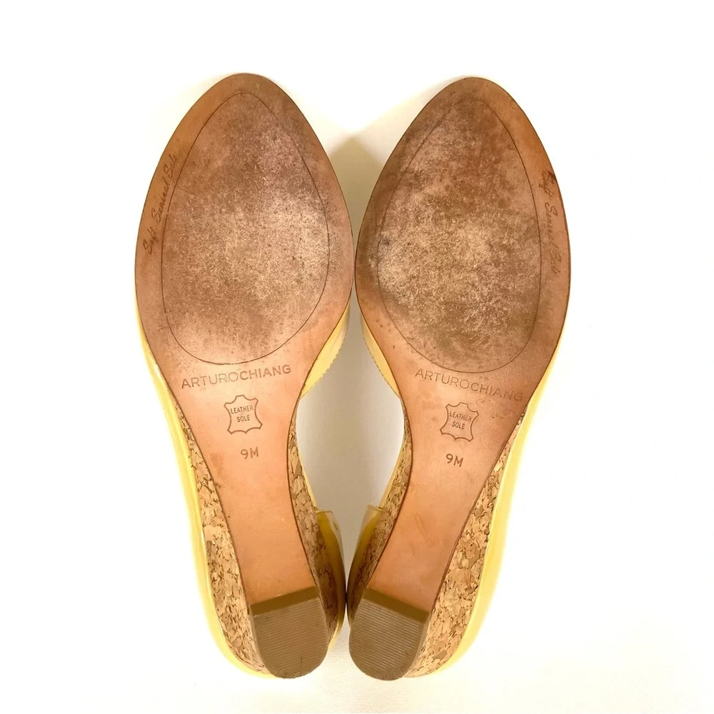 Arturo Chiang Talitha Dijon Yellow Patent Peep Toe Cork Wedge Heels, Size 9M